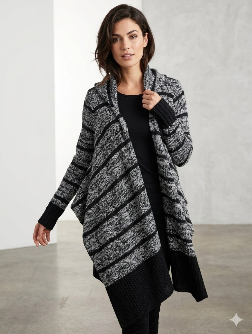ASHLEY by 26 international hooded sweater shaw in a beautiful black gray white